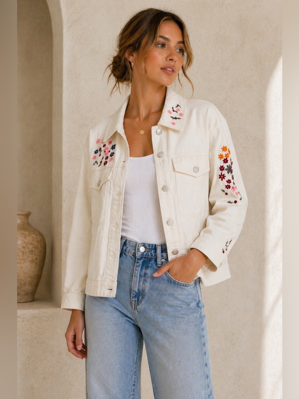 New Dolan Anthropologie 100% Cotton Embroidered Cropped Jacket Ivory L